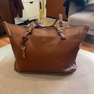 Fossil Tan Leather Tote with Brown Accents